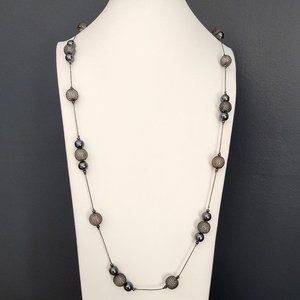 Gray metallic bead and clear wire wrapped beaded long necklace